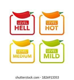 Hot pepper strength scale indicator with mild, medium, hot and hell positions. Chilli level. Vector illustration.