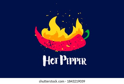 Hot pepper with text and fire on dark background. Flat style. Vector food card.