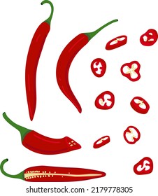 Hot pepper vector illustration. Hot pepper. Chilli. Cayenne. Piece of pepper, pieces with seeds, circles, chopped pepper with seeds.