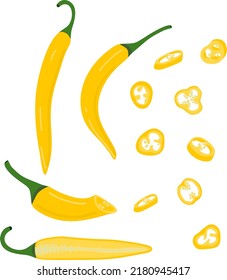 Hot pepper vector illustration. Hot pepper. Chilli. Cayenne. Piece of pepper, pieces with seeds, circles, chopped pepper with seeds.