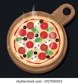 Hot pepperoni pizza on wooden peel. Italian food. Whole pizza with tomatoes, basil leaves, black olives, mushrooms and mozzarella cheese.Top view pizza with various ingredients. 