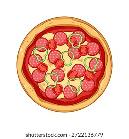 Hot pepperoni pizza presenting a delicious arrangement of salami, sliced tomatoes, and green bell pepper on a round crust, perfect for italian food concepts