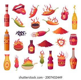 Hot peppers. Burn flame from green and red pepper ingredients for preparing food traditional mexican cuisine bottles set exact vector cartoon illustrations