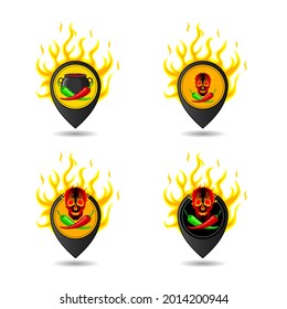 Hot peppers. Green, red peppers on the background of a cauldron, fire, skull. Trendy logo concept. Geolocation sign, location designation. Vector isolated, for cooking, websites, blogs, advertising