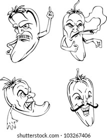 Hot peppers. Set of black and white vector cartoon illustrations.