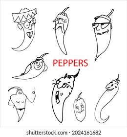 hot peppers. A set of hand-drawn funny cartoon characters-chili peppers. A sketch. Vector illustration