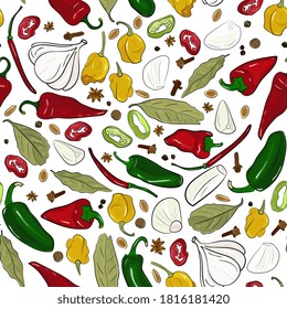 warme Paprika und Gewürze nahtlos Muster. Hintergrund mit Gewürzen: Knoblauch, Gewürze, Chilis, Jalapenos, Blätter aus der Bucht für Menüs, Verpackungen, Stoffe.
