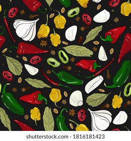 warme Paprika und Gewürze nahtlos Muster. Hintergrund mit Gewürzen: Knoblauch, Gewürze, Chilis, Jalapenos, Blätter aus der Bucht für Menüs, Verpackungen, Stoffe.