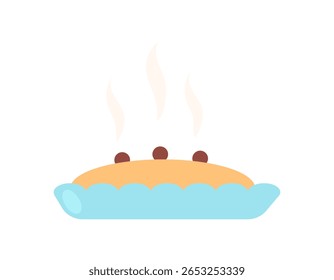 Hot pie with red berries in blue pie pan steaming. Isolated food element for design.