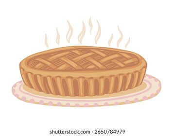 Hot pie with steam in cartoon doodle style. Hand drawn brown vector illustration of baked dessert with vintage harvest vibe. Great for card design, cafe decor, autumn food project and kitchen theme.