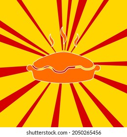 Hot pie symbol on a background of red flash explosion radial lines. The large orange symbol is located in the center of the sun, symbolizing the sunrise. Vector illustration on yellow background
