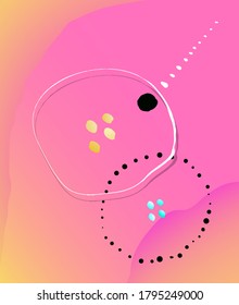 Hot pink abstract glowing background composition with dots and circles, with glowing golden watercolor ink and geometric shapes. Decorative watercolor stained background for modern design.