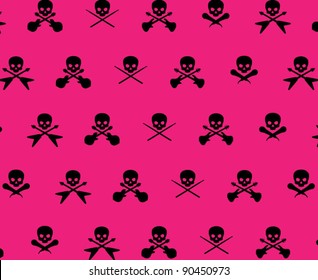 Hot Pink with Black Rock Musician Skull and Cross Bones Pattern Background Fabric or Wrapping Paper Design