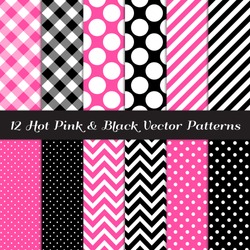 Hot Pink, Black And White Gingham, Chevron, Polka Dot And Candy Stripes Patterns. Modern Geometric Backgrounds. Vector EPS File Pattern Swatches Made With Global Colors.