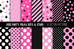Hot Pink, Pink, Black And White Polka Dots, Stars And Stripes Vector Patterns. Cute Girly Backgrounds. Kids Party Decor. Children Birthday Invitation Backdrops. Pattern Tile Swatches Included