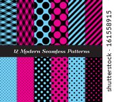 Hot Pink, Blue and Black Fishnet, Polka Dot and Stripes Seamless Patterns. Perfect for girls Sweet 16, Monster Dolls, Chic Paris or Bachelorette Party decor. Pattern Swatches made with Global Colors.