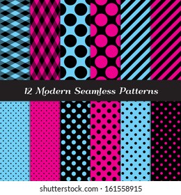 Hot Pink, Blue and Black Fishnet, Polka Dot and Stripes Seamless Patterns. Perfect for girls Sweet 16, Monster Dolls, Chic Paris or Bachelorette Party decor. Pattern Swatches made with Global Colors.