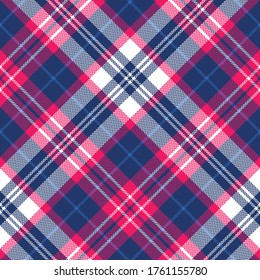 Hot Pink And Blue Plaid Pattern Vector. Seamless Womenswear Tartan Check Plaid Graphic For Skirt, Flannel Shirt, Throw, Poncho, Or Other Modern Fashion Textile Print.