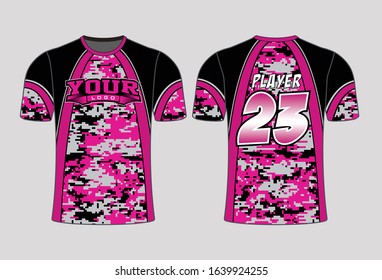 Hot pink camo on a black background 
 with matching sleeves make the shirt design adorable