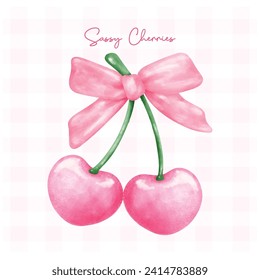 Hot Pink coquette cherries with pink ribbon bow, aesthetic watercolor hand drawing