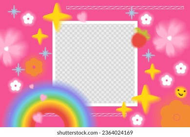 Hot pink crazy acid y2k aura aesthetic background. Bold graphic illustration with stars, flowers, rainbow. With place for photo. Can be used as wallpaper. Stock vector illustration with kawaii modern 