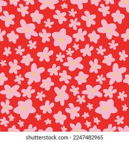 hot pink daisy vector graphic seamless pattern, red background