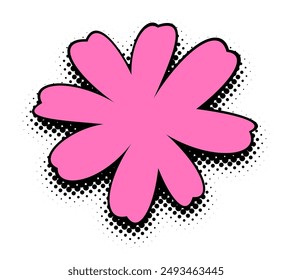 A hot pink flower with a bold pop art essence, featuring a halftone effect and stark black outlines, stands out on a crisp white background for a minimalistic yet striking look.