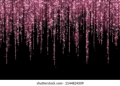 Hot Pink Glitter Long Garland On Black Background. Vector