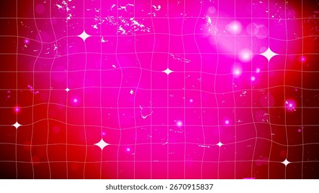 Hot pink glowing gradient checkered disco background with stars and bokeh. Retro wavy 80s 90s 2000s mesh pattern for abstract design, template, poster, banner, or wallpaper. Vector illustration.