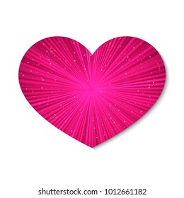 Hot pink glowing heart with the rays of light. Isolated on white background. Valentine's day retro vector illustration. Love story symbol. Easy to edit design template for your artworks.