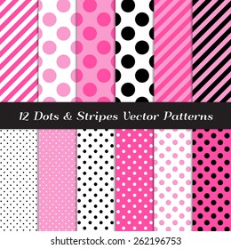 Hot Pink, Gray, Black and White Jumbo Polka Dots, Small Polka Dots and Stripes Patterns. Perfect for kids party decor. Vector EPS File Includes Pattern Swatches Made with Global Colors.