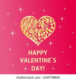 Hot pink greeting of 14th February happy valentine's day wish card or poster for Valentine’s day with heart shape with golden leopard print and stars