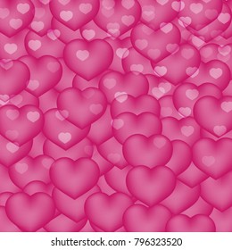 Hot  pink hearts 3d background. Valentine's day shiny greeting card. Romantic vector illustration. Easy to edit design template for your artworks.
