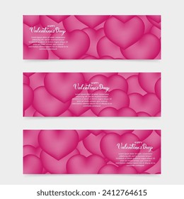 Hot pink hearts background. Set of 3 horizontal banners for Valentines Day. Vector template for website, social media, etc