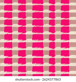 Hot pink and light brown checkered pattern, grunge lines ikat pattern, striped seamless pattern, Vector illustration background for print the paper.