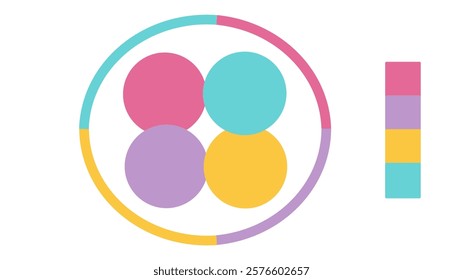 Hot Pink, Lilac, Gold, Cyan circle color palette. Trend color guide palette catalog samples in rgb hex. Color palette for fashion designers, business, and paints colors company. Vector illustration