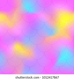 Hot pink mermaid scale vector background. Candy color iridescent background. Fish scale pattern. Seamless pattern swatch. Holographic gradient. Mermaid skin seamless pattern. Blurry color texture