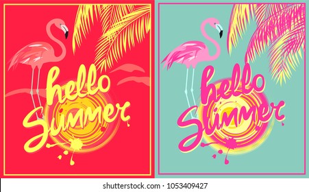 Hot pink and mint color posters with hello summer lettering, sun, yellow and pink palm leaves and rose color flamingo. Variation in art deco style