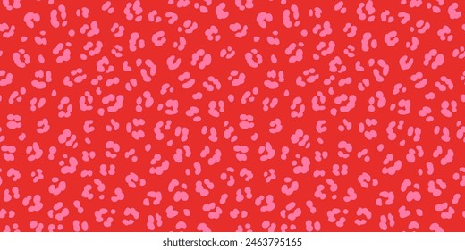Hot pink on red leopard skin print seamless pattern. Cheetah skin flat style white on a vivid red background. Hand drawn pink and red leopard print background. Trendy fun summer safari design.