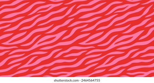 Hot pink on red zebra seamless pattern. Abstract pink and red zebra stripes seamless flat style pattern. Animal skin tiger stripes collage background. Hand drawn bright and bold summer safari print.
