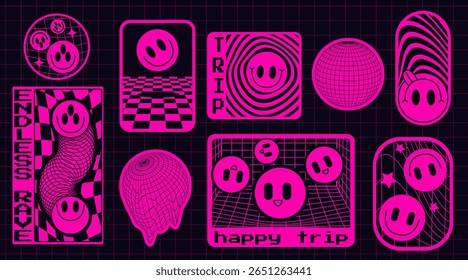 Hot pink rave sticker pack with smiling faces - circular globe design, checkered card, trippy vortex badge, groovy twisted mesh teardrops, happy trip box with emoticons for party and techno events.
