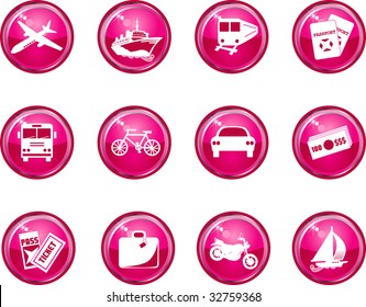 Hot Pink Twelve Glossy Vector Travel Icons. Illustration. See my other images!