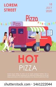 Hot pizza brochure template. Street food vehicle on city picnic. Flyer, booklet, leaflet concept with flat illustrations. Vector page layout for magazine. Advertising invitation with text space