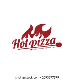 Hot Pizza cafe logo, pizza icon, emblem for fast food restaurant. Vector hand lettering pizza logo on white background