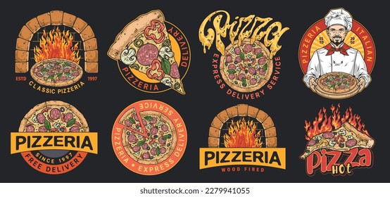 Hot pizza colorful set logotypes for restaurants and pizzerias preparing traditional Italian Margarita or pepperoni pizza vector illustration