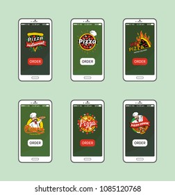 Hot pizza delivery online app for smartphone set. Delicious Italian food order through application on modern gadget isolated vector illusrations.