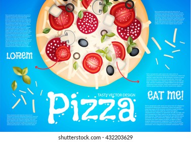 Hot Pizza Design. Tasty Flyer Template. Bright Vector illustration.