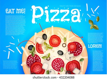 Hot Pizza Design. Tasty Flyer Template. Bright Vector illustration.