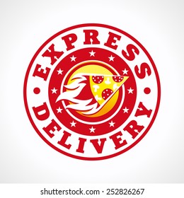 Hot pizza express delivering vector logo. Fiery piece of cake in circle fastfood brand sign. Cafe, pizzeria, restaurant, lunch bar courier service round icon.