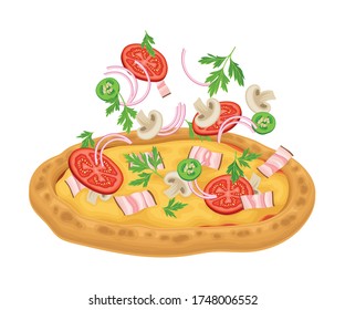 Hot Pizza with Floating Sliced Bacon and Vegetables Isolated on White Background Vector Illustration